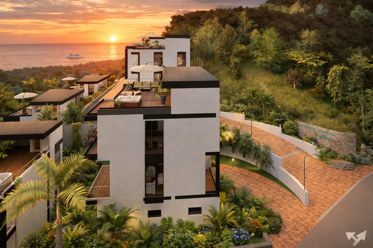 Vista Mare Villas — sunset aerial view
